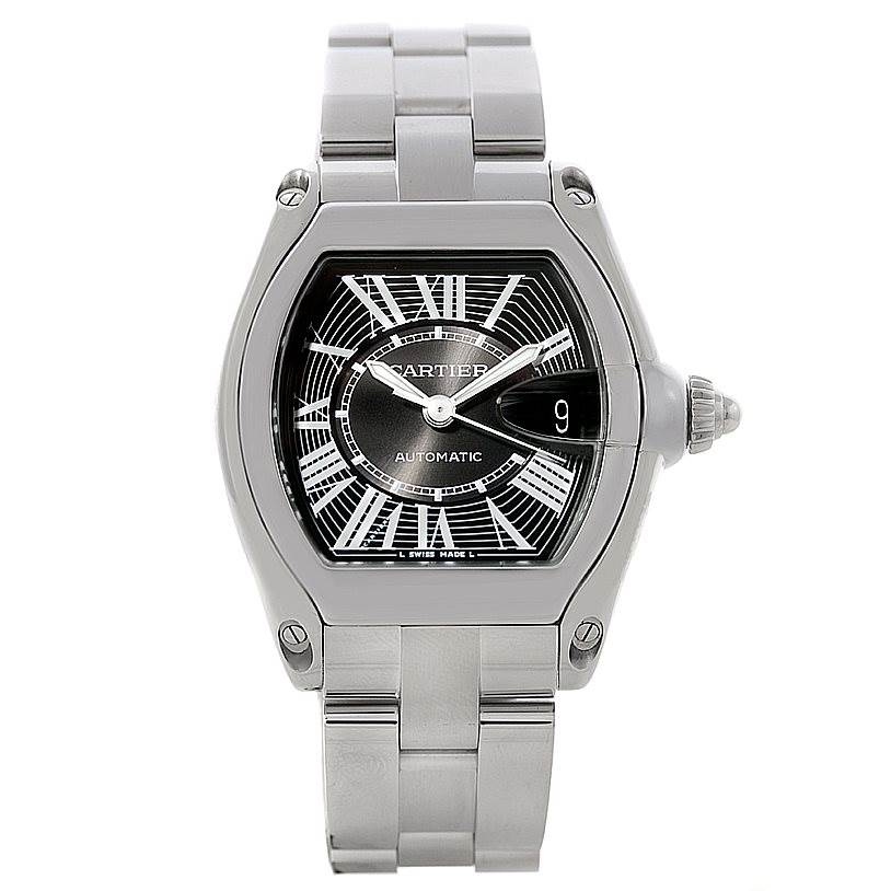The image shows a full frontal view of a Cartier Roadster W62041V3 Men's Stainless Steel Black Dial W62041V3 Men's Stainless Steel Black Dial watch featuring a stainless steel case and bracelet.