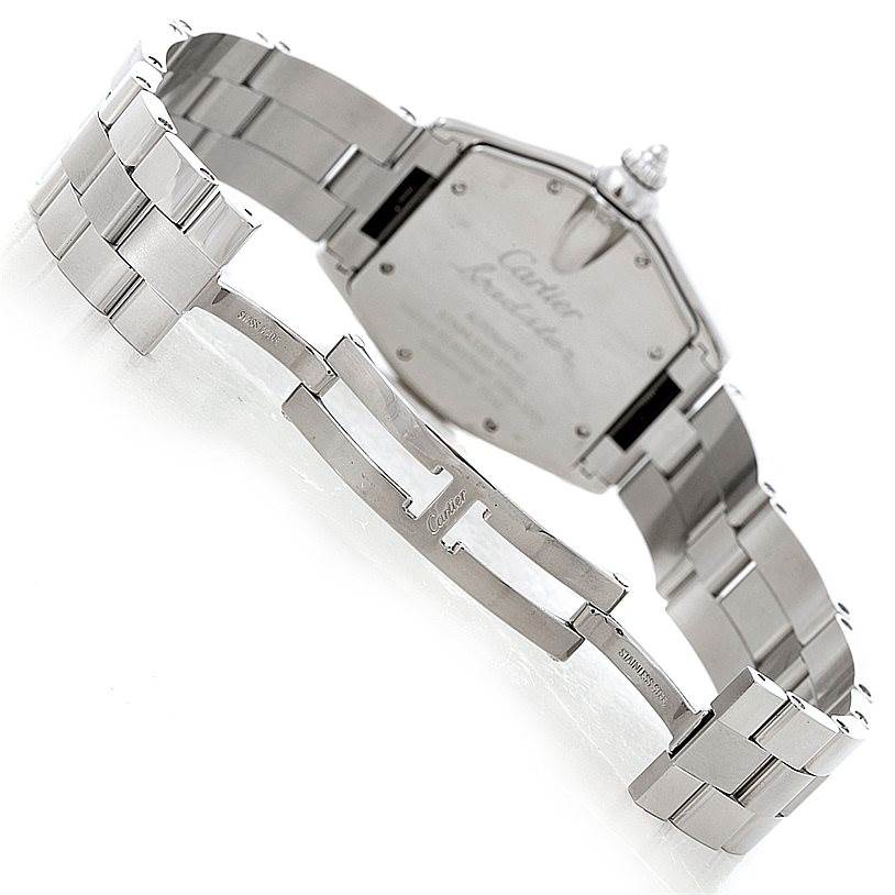 The image shows the back and bracelet of a Cartier Roadster W62041V3 Men's Stainless Steel Black Dial W62041V3 Men's Stainless Steel Black Dial watch, highlighting the clasp and case back.