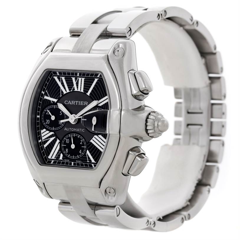 The image shows a Cartier Roadster W62020X6 Men's Stainless Steel Black Dial W62020X6 Men's Stainless Steel Black Dial watch at a 3/4 angle, displaying the face, crown, and bracelet.