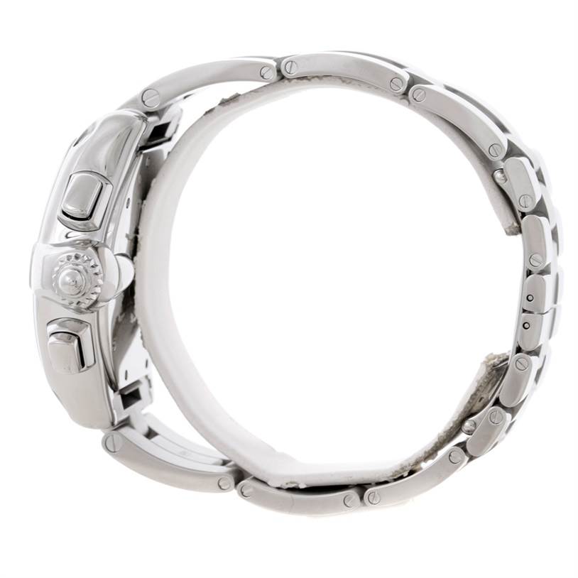 The image shows a side profile view of a Cartier Roadster W62020X6 Men's Stainless Steel Black Dial W62020X6 Men's Stainless Steel Black Dial watch, highlighting its crown, pushers, and metal bracelet.