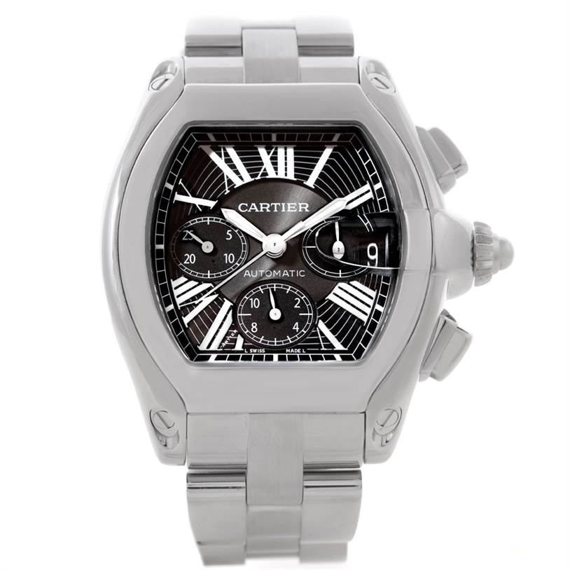 The image shows a front view of the Cartier Roadster W62020X6 Men's Stainless Steel Black Dial W62020X6 Men's Stainless Steel Black Dial watch, focusing on the dial, case, and part of the bracelet.