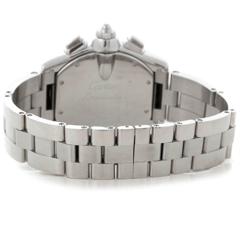 The image shows the back view of a Cartier Roadster W62020X6 Men's Stainless Steel Black Dial W62020X6 Men's Stainless Steel Black Dial watch, focusing on the stainless steel bracelet and case back.