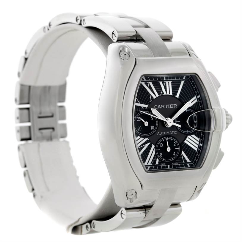 The image shows a Cartier Roadster W62020X6 Men's Stainless Steel Black Dial W62020X6 Men's Stainless Steel Black Dial watch from an angled side view, highlighting the case, dial, and bracelet.