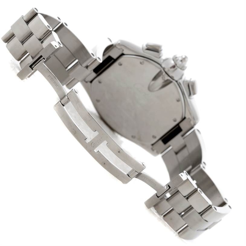 The image shows the clasp and backside of the Cartier Roadster W62020X6 Men's Stainless Steel Black Dial W62020X6 Men's Stainless Steel Black Dial watch with its metal bracelet unfolded.