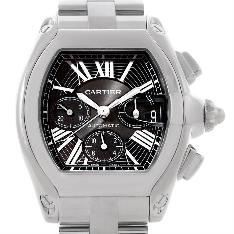 This image shows a front view of the Cartier Roadster W62020X6 Men's Stainless Steel Black Dial W62020X6 Men's Stainless Steel Black Dial watch, highlighting its dial, chronograph subdials, and date window.