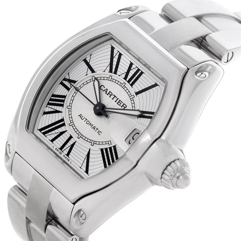 This image shows a close-up, angled view of the Cartier Roadster W62025V3 Men
s Stainless Steel Silver Dial W62025V3 Men
s Stainless Steel Silver Dial watch, highlighting its face, bezel, crown, and bracelet.