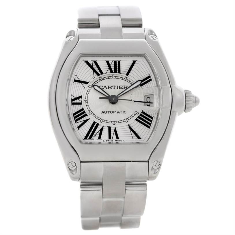 This image shows a Cartier Roadster W62025V3 Men
s Stainless Steel Silver Dial W62025V3 Men
s Stainless Steel Silver Dial model watch from a front angle, highlighting its face, case, and bracelet.