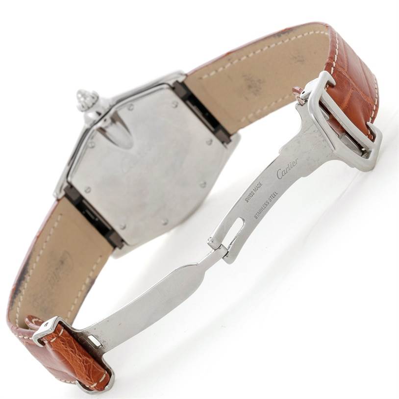 The image shows the back and clasp of the Cartier Roadster W62025V3 Men
s Stainless Steel Silver Dial W62025V3 Men
s Stainless Steel Silver Dial watch, emphasizing the stainless steel and leather strap.
