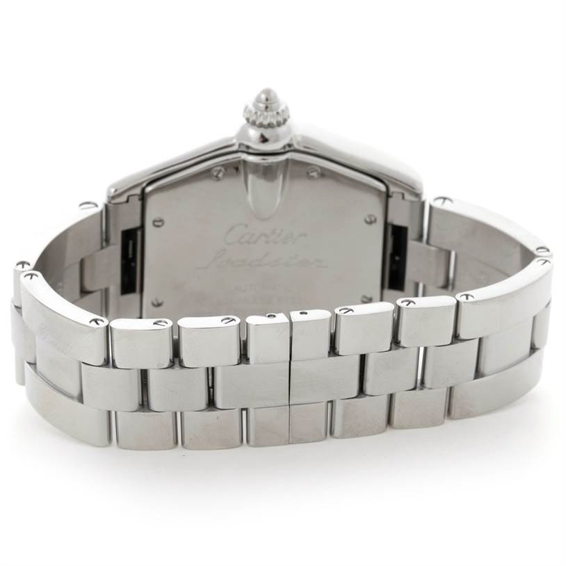 The image shows the back view of the Cartier Roadster W62025V3 Men
s Stainless Steel Silver Dial W62025V3 Men
s Stainless Steel Silver Dial watch, highlighting its case and metal bracelet.