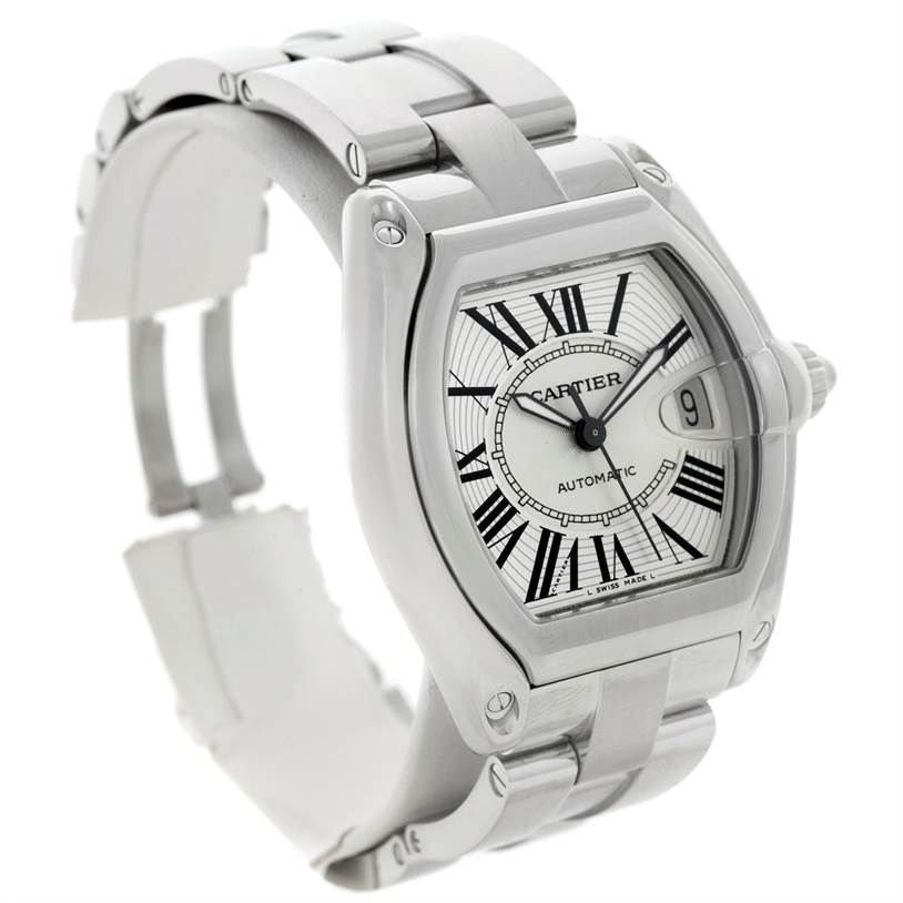 The image shows a front-left angled view of the Cartier Roadster W62025V3 Men
s Stainless Steel Silver Dial W62025V3 Men
s Stainless Steel Silver Dial watch, displaying the face, bezel, and a part of the metal bracelet.