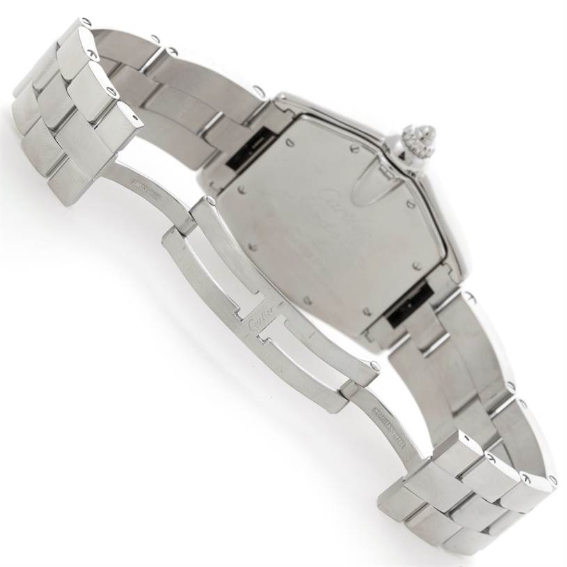 The image shows the back and bracelet of the Cartier Roadster W62025V3 Men
s Stainless Steel Silver Dial W62025V3 Men
s Stainless Steel Silver Dial watch, focusing on the clasp and stainless steel links.