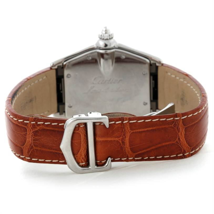 This image shows the back view of a Cartier Roadster W62025V3 Men's Stainless Steel Silver Dial W62025V3 Men's Stainless Steel Silver Dial watch, highlighting the clasp and leather strap.