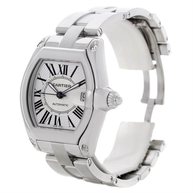 The image shows a Cartier Roadster W62025V3 Men's Stainless Steel Silver Dial W62025V3 Men's Stainless Steel Silver Dial watch from a front angle, highlighting its face, crown, and metal bracelet.