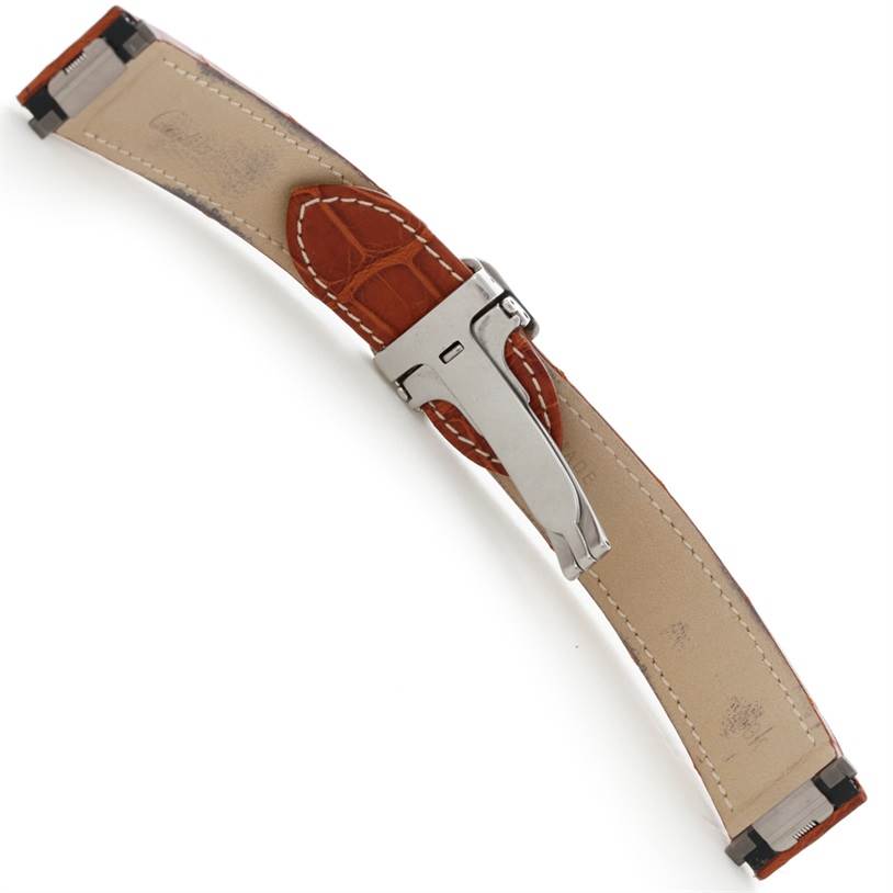 This image shows the leather strap and clasp of a Cartier Roadster W62025V3 Men's Stainless Steel Silver Dial W62025V3 Men's Stainless Steel Silver Dial watch from the inner side.