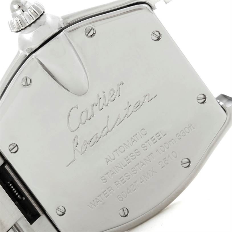 The image shows the back case of a Cartier Roadster W62025V3 Men's Stainless Steel Silver Dial W62025V3 Men's Stainless Steel Silver Dial watch, with details including brand, model, and water resistance.