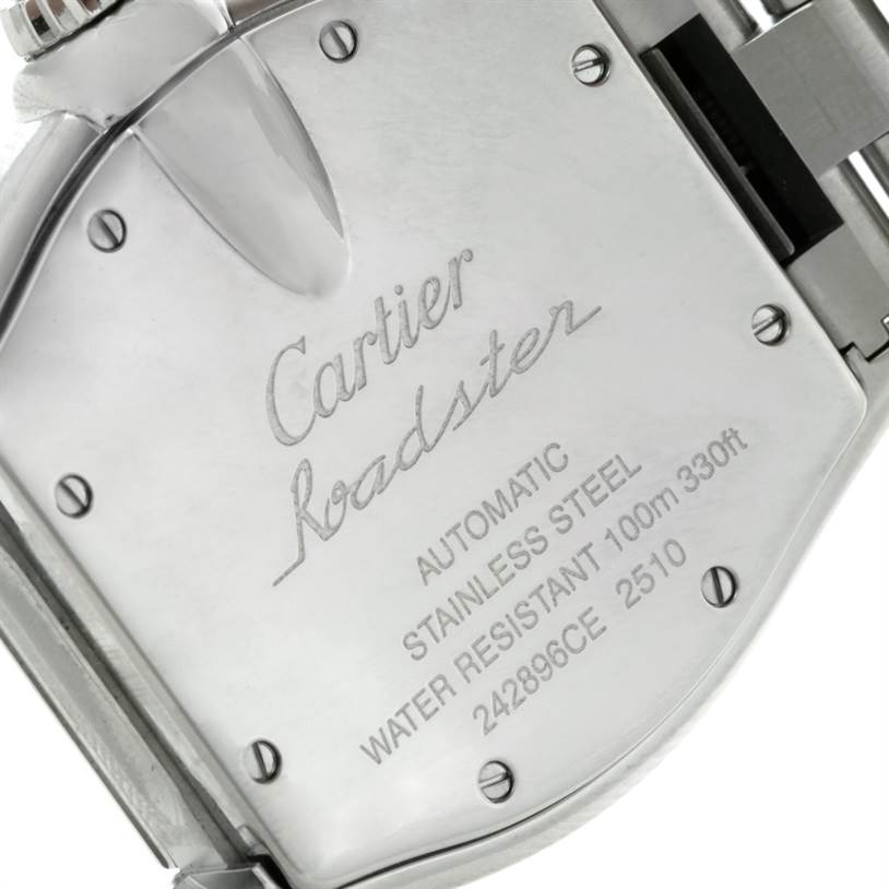 The image shows the back case of a Cartier Roadster W62041V3 Men's Stainless Steel Black Dial W62041V3 Men's Stainless Steel Black Dial watch, highlighting its specifications and branding.