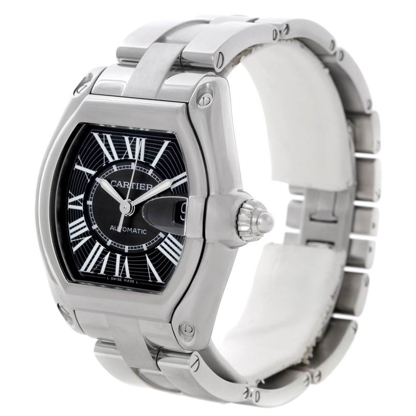 The image displays a Cartier Roadster W62041V3 Men's Stainless Steel Black Dial W62041V3 Men's Stainless Steel Black Dial watch, showing the face, case, crown, and bracelet at a three-quarter angle.