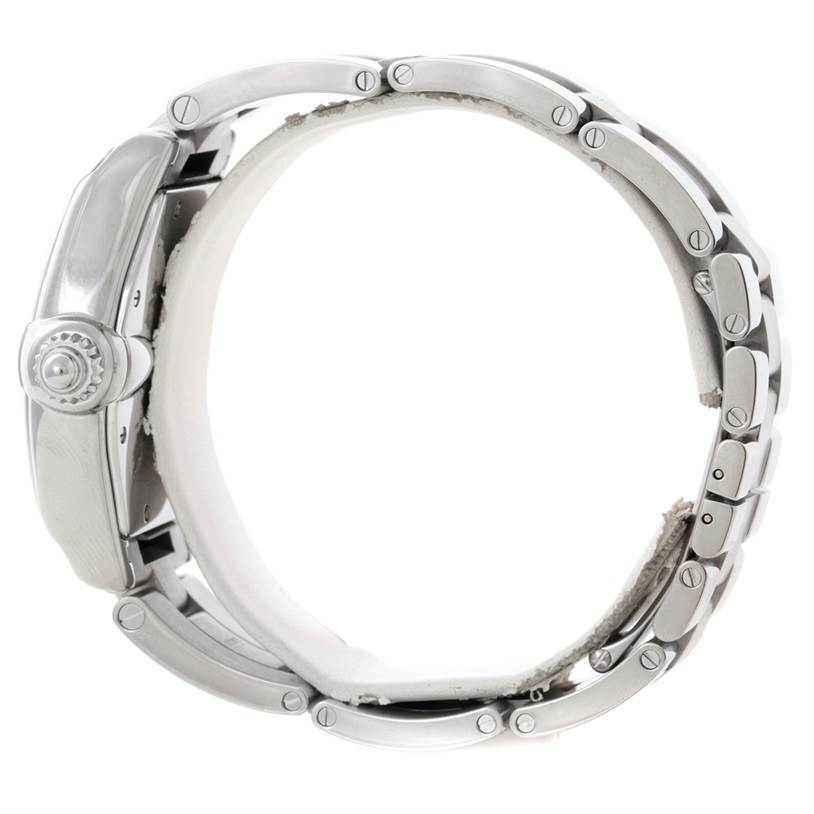 This image shows a side view of the Cartier Roadster W62041V3 Men's Stainless Steel Black Dial W62041V3 Men's Stainless Steel Black Dial watch, highlighting its case, crown, and bracelet.