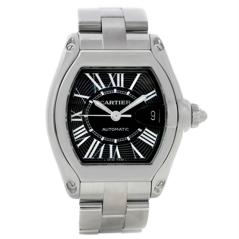 This image shows a front view of a Cartier Roadster W62041V3 Men's Stainless Steel Black Dial W62041V3 Men's Stainless Steel Black Dial watch, highlighting the face, bezel, and metal bracelet.