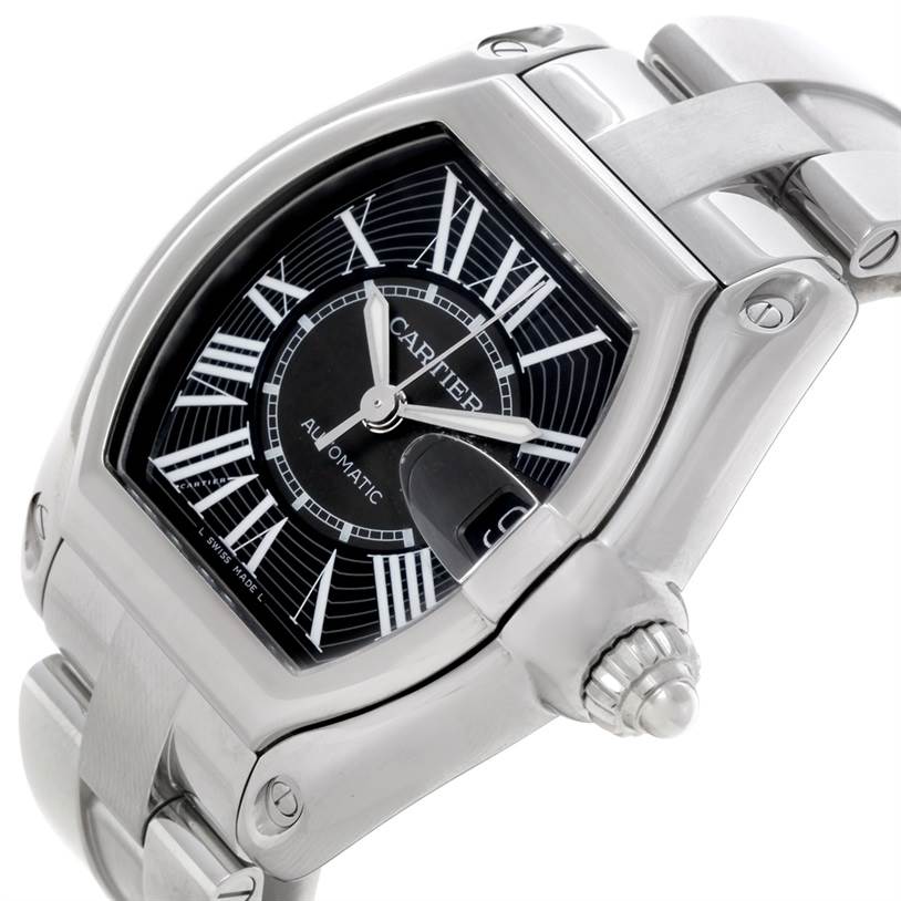 The Cartier Roadster W62041V3 Men's Stainless Steel Black Dial W62041V3 Men's Stainless Steel Black Dial watch is shown from an angled close-up, highlighting the dial, casing, and part of the bracelet.
