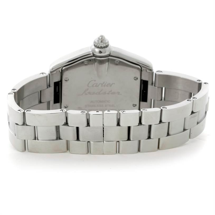 The image shows the back view of a Cartier Roadster W62041V3 Men's Stainless Steel Black Dial W62041V3 Men's Stainless Steel Black Dial watch, highlighting the stainless steel case and bracelet.