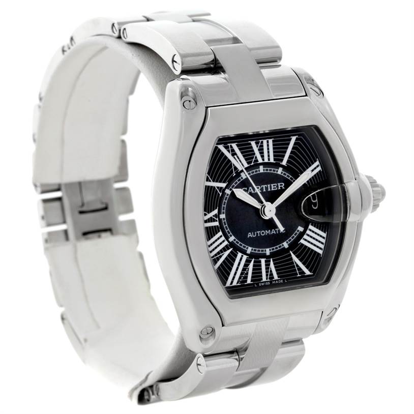 The Cartier Roadster W62041V3 Men's Stainless Steel Black Dial W62041V3 Men's Stainless Steel Black Dial watch is shown at a three-quarter angle, displaying the watch face, crown, and part of the bracelet.