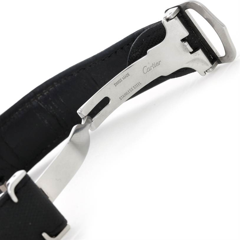 The image shows a close-up of the stainless steel clasp and black strap of a Cartier Roadster W62041V3 Men's Stainless Steel Black Dial W62041V3 Men's Stainless Steel Black Dial watch.