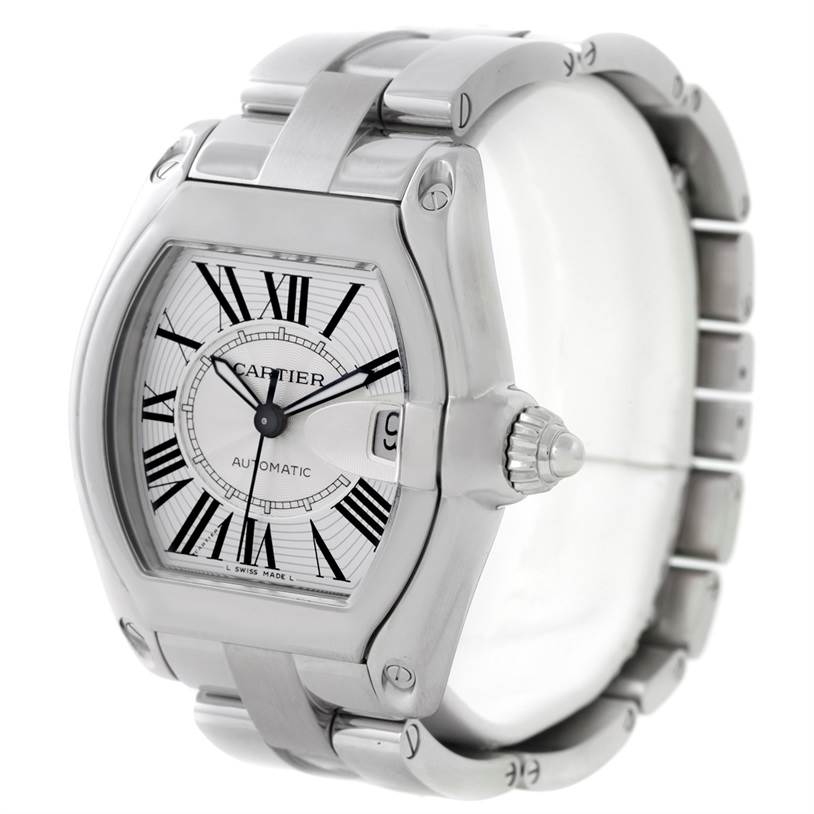 The Cartier Roadster W62025V3 Men
s Stainless Steel Silver Dial W62025V3 Men
s Stainless Steel Silver Dial watch is shown from a front-side angle, highlighting the dial, case, and part of the bracelet.