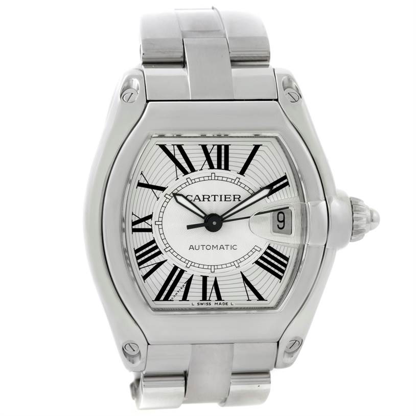 The image shows the front view of the Cartier Roadster W62025V3 Men
s Stainless Steel Silver Dial W62025V3 Men
s Stainless Steel Silver Dial watch, highlighting its face and bracelet.