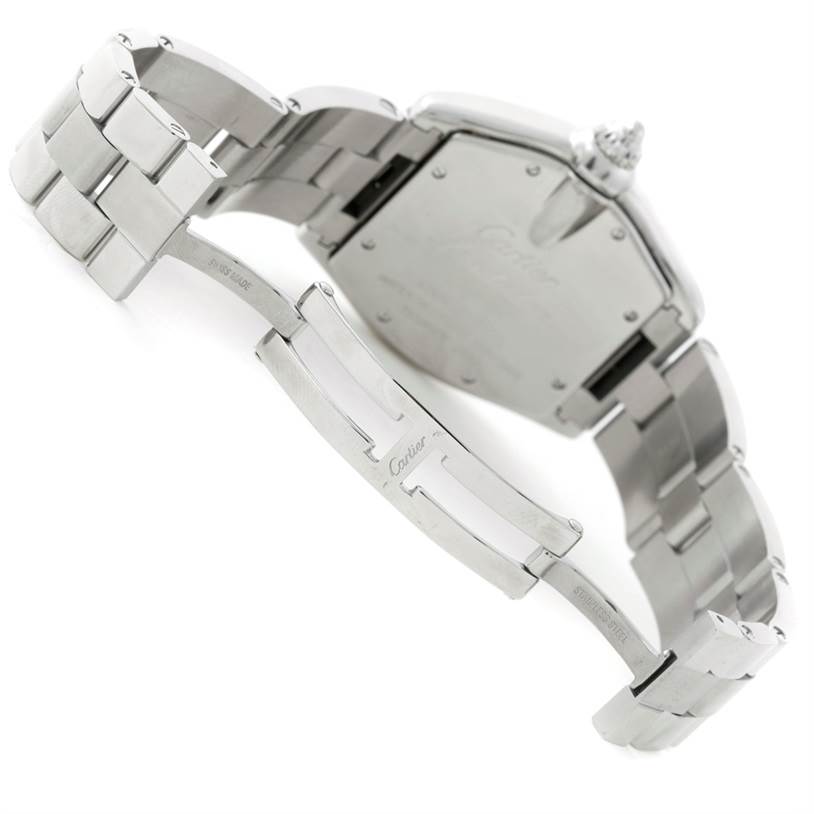 The image shows the back and bracelet of a Cartier Roadster W62025V3 Men
s Stainless Steel Silver Dial W62025V3 Men
s Stainless Steel Silver Dial watch with the clasp open.