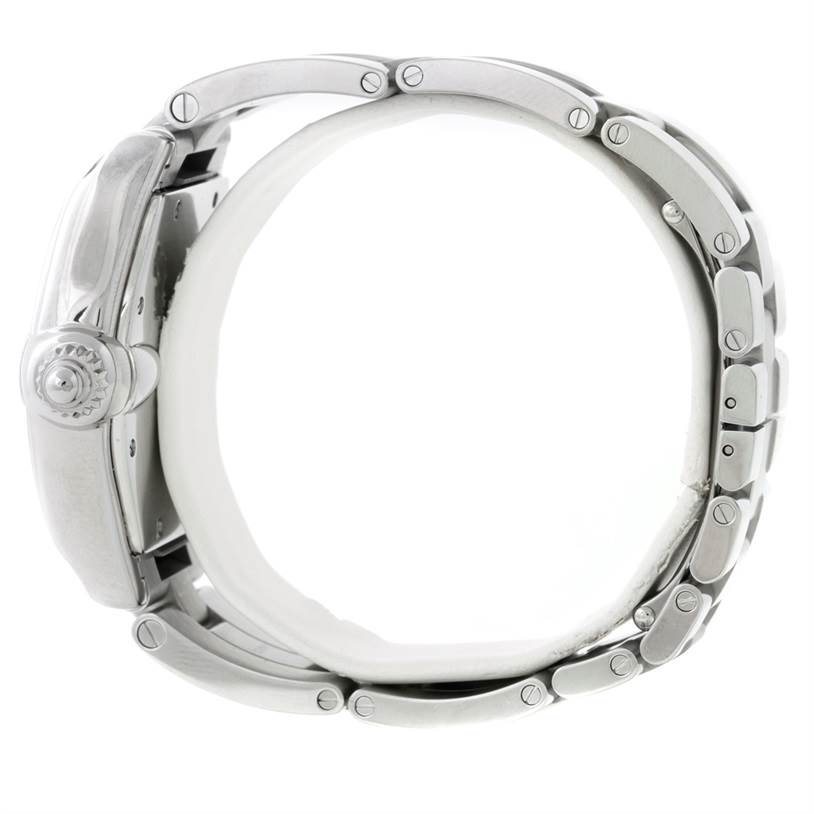 This image shows a side view of the Cartier Roadster W62025V3 Men
s Stainless Steel Silver Dial W62025V3 Men
s Stainless Steel Silver Dial watch displaying the case, crown, and metal bracelet.