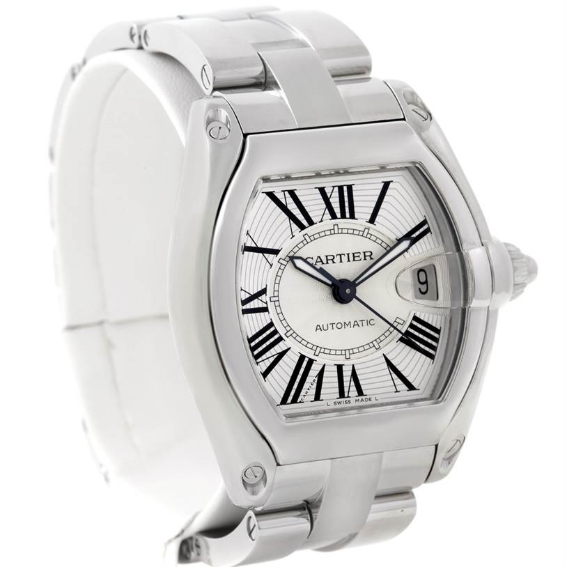 This image displays a Cartier Roadster W62025V3 Men
s Stainless Steel Silver Dial W62025V3 Men
s Stainless Steel Silver Dial watch at a front-left angle, showcasing its face, case, crown, and part of its bracelet.
