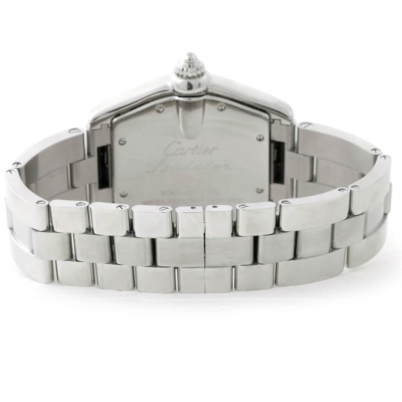 The image shows the back view of a Cartier Roadster W62025V3 Men
s Stainless Steel Silver Dial W62025V3 Men
s Stainless Steel Silver Dial watch, highlighting the bracelet and case back.