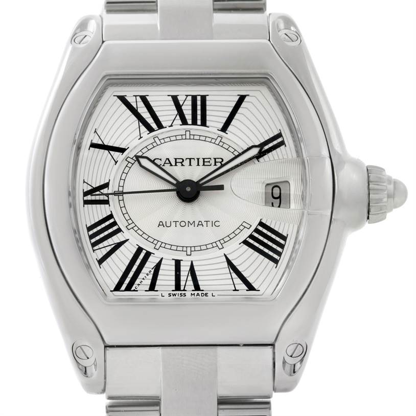 The image shows a front view of the Cartier Roadster W62025V3 Men's Stainless Steel Silver Dial W62025V3 Men's Stainless Steel Silver Dial watch, highlighting its dial, hands, crown, and part of the metal bracelet.