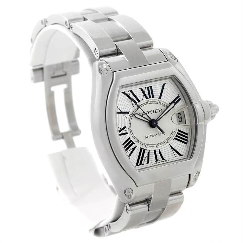 The image shows a Cartier Roadster W62025V3 Men's Stainless Steel Silver Dial W62025V3 Men's Stainless Steel Silver Dial watch angled to display the front face and part of the stainless steel bracelet.