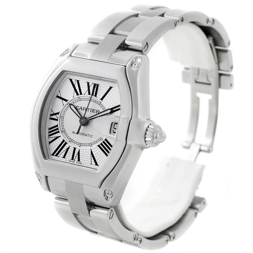 This image shows a Cartier Roadster W62025V3 Men's Stainless Steel Silver Dial W62025V3 Men's Stainless Steel Silver Dial watch from an angled view highlighting its face, crown, and part of the bracelet.