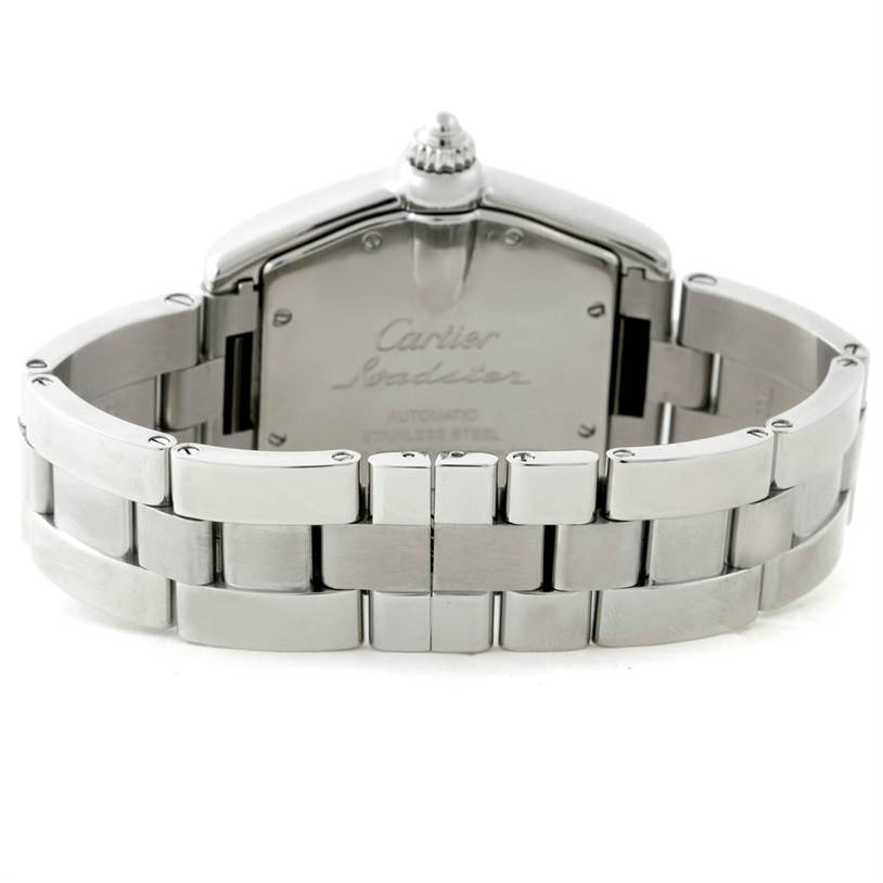 The image shows the back case and bracelet of the Cartier Roadster W62025V3 Men's Stainless Steel Silver Dial W62025V3 Men's Stainless Steel Silver Dial watch.