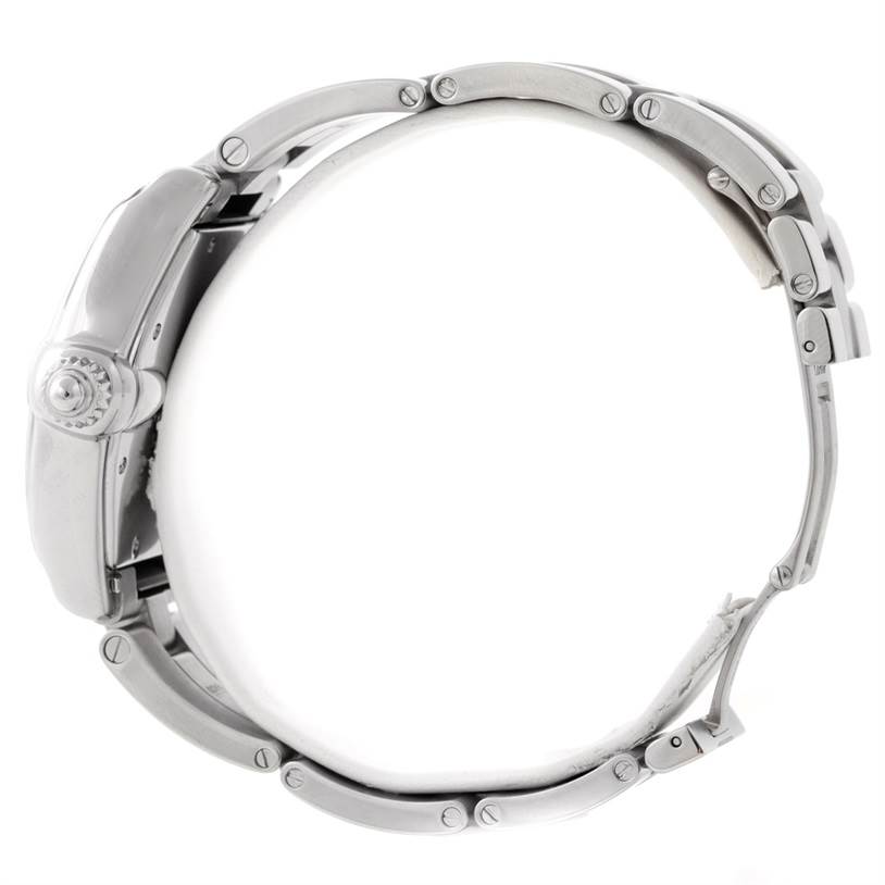 This image shows a Cartier Roadster W62025V3 Men's Stainless Steel Silver Dial W62025V3 Men's Stainless Steel Silver Dial watch from a side profile, highlighting its metal bracelet and crown.