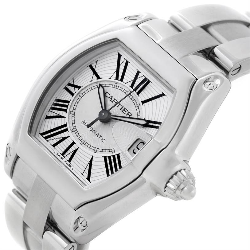 The Cartier Roadster W62025V3 Men's Stainless Steel Silver Dial W62025V3 Men's Stainless Steel Silver Dial watch is shown at an angled close-up, displaying its dial, case, crown, and part of the bracelet.