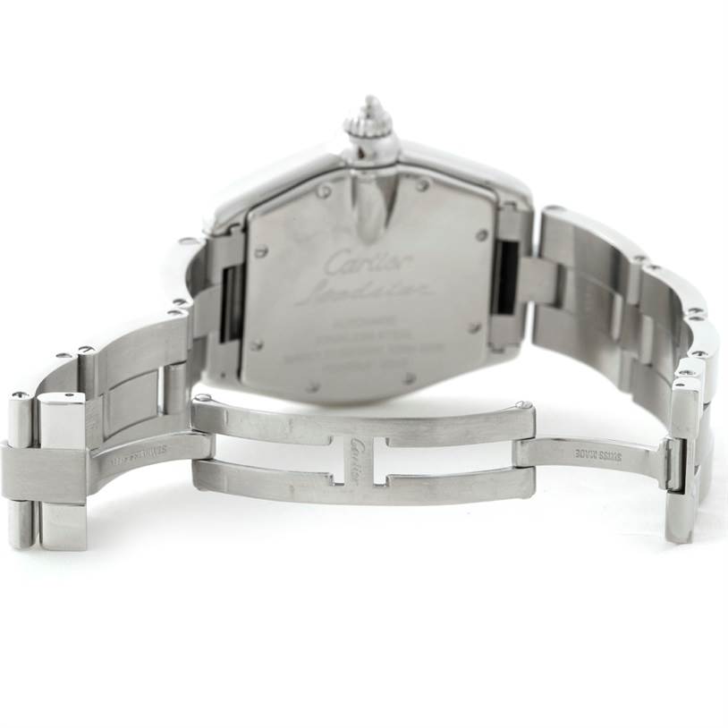 The image shows the back view of the Cartier Roadster W62025V3 Men's Stainless Steel Silver Dial W62025V3 Men's Stainless Steel Silver Dial watch, focusing on the bracelet and deployment clasp.