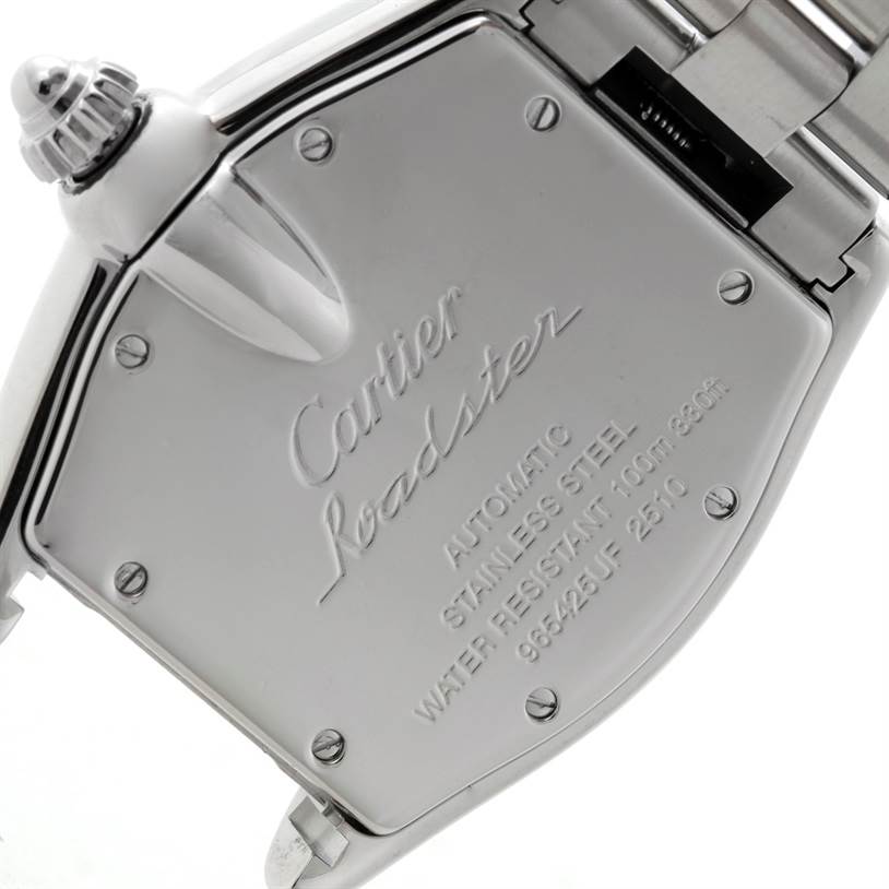 The image shows the back of the Cartier Roadster W62025V3 Men's Stainless Steel Silver Dial W62025V3 Men's Stainless Steel Silver Dial watch, highlighting the engravings and stainless steel construction.