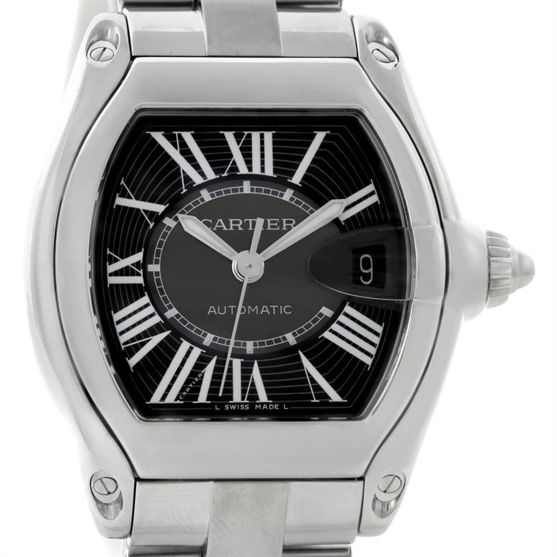 The image shows a Cartier Roadster W62041V3 Men's Stainless Steel Black Dial W62041V3 Men's Stainless Steel Black Dial watch front view, focusing on the dial, hands, and date window.