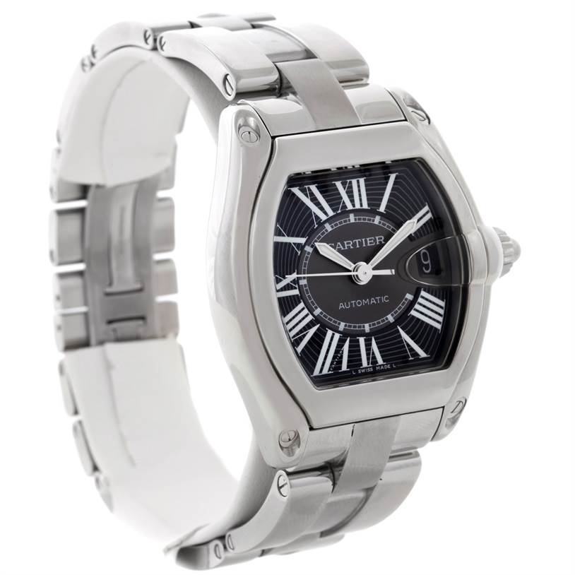 The image shows a close-up angle of the Cartier Roadster W62041V3 Men's Stainless Steel Black Dial W62041V3 Men's Stainless Steel Black Dial watch, highlighting its face, bezel, and metallic strap.