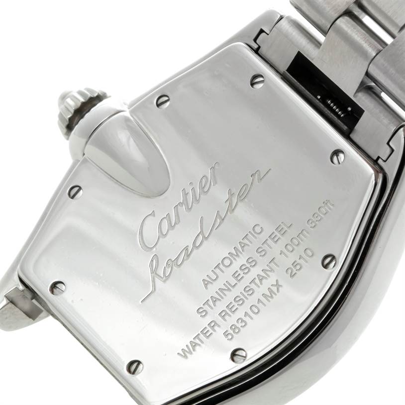 This image shows the case back and part of the bracelet of a Cartier Roadster W62041V3 Men's Stainless Steel Black Dial W62041V3 Men's Stainless Steel Black Dial watch at an angled close-up view.