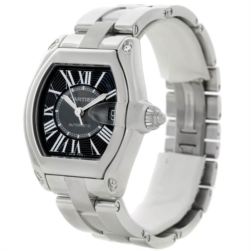 The Cartier Roadster W62041V3 Men's Stainless Steel Black Dial W62041V3 Men's Stainless Steel Black Dial watch is shown from a front left angle, highlighting its face and stainless steel bracelet.