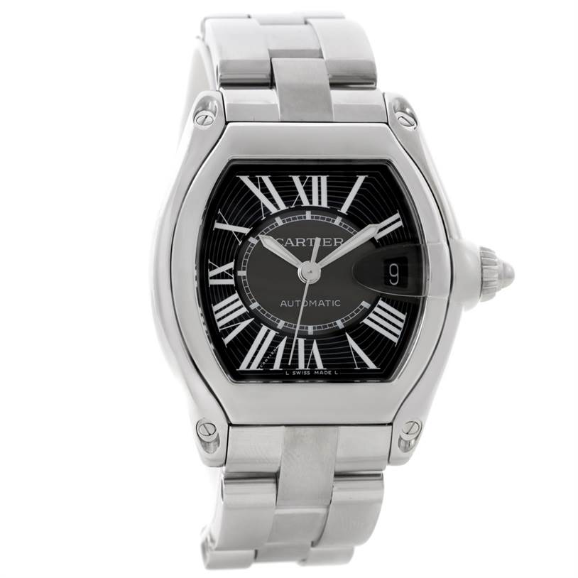 The image shows a front view of the Cartier Roadster W62041V3 Men's Stainless Steel Black Dial W62041V3 Men's Stainless Steel Black Dial watch, highlighting the dial, case, bracelet, and crown.