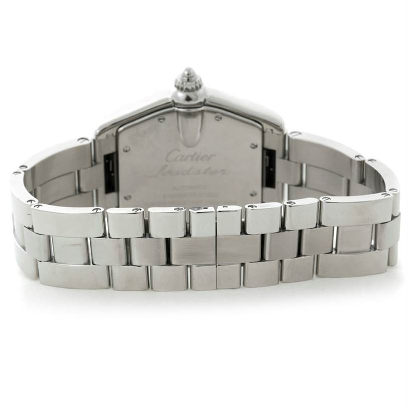 The image shows the back view of the bracelet and case of a Cartier Roadster W62041V3 Men's Stainless Steel Black Dial W62041V3 Men's Stainless Steel Black Dial watch.