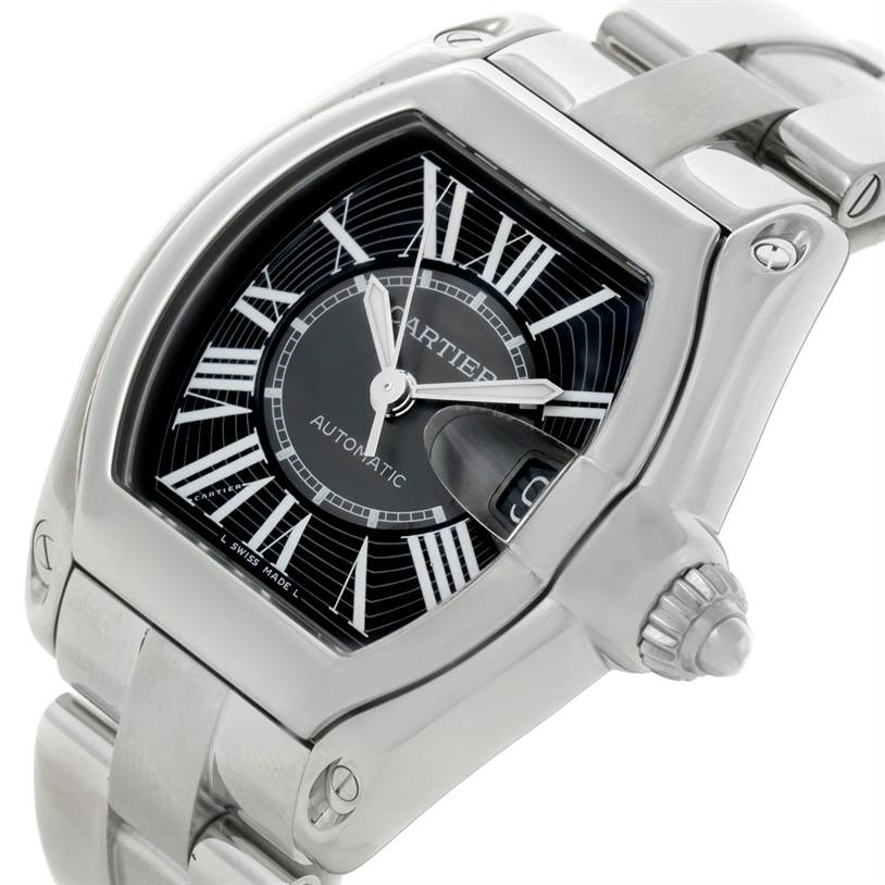 The image shows a close-up view of the Cartier Roadster W62041V3 Men's Stainless Steel Black Dial W62041V3 Men's Stainless Steel Black Dial watch, highlighting its face, bezel, and part of the bracelet.