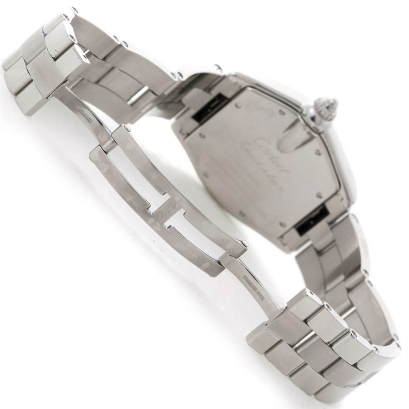 The image shows the back and clasp of a Cartier Roadster W62041V3 Men's Stainless Steel Black Dial W62041V3 Men's Stainless Steel Black Dial watch, highlighting the stainless steel bracelet and deployment clasp.