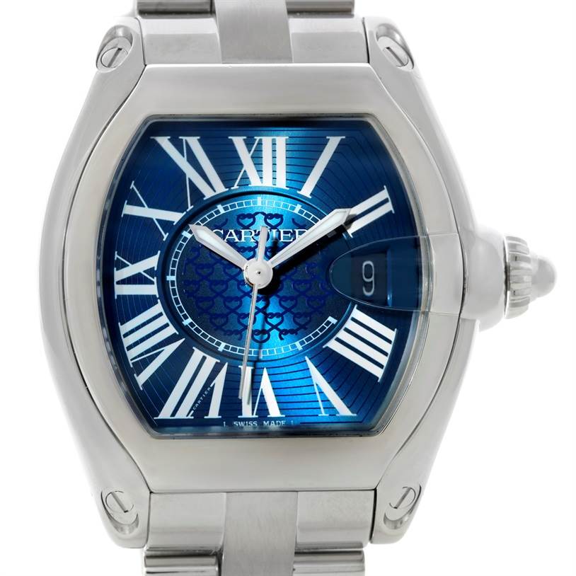 The image shows a front view of the Cartier Roadster W6206012 Men's Stainless Steel Blue Dial W6206012 Men's Stainless Steel Blue Dial watch, highlighting the dial, hands, bracelet, and date window.